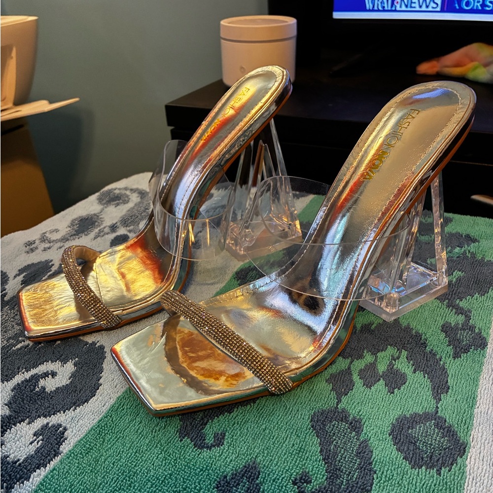 Fashion Nova Gold Metallic Square Toe Clear Strap Block Heels